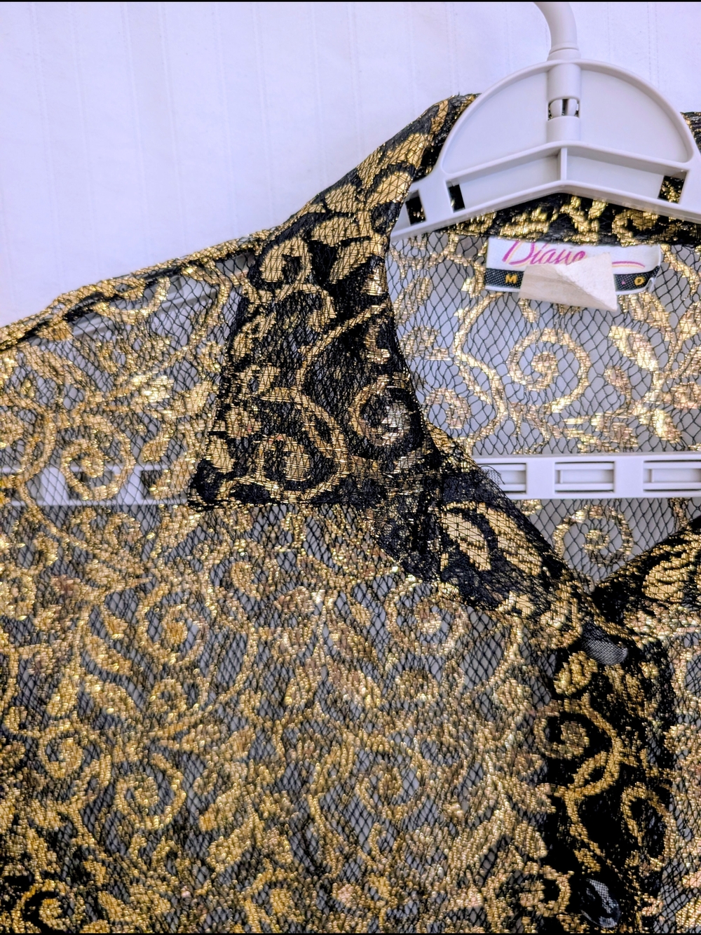 Diana Marco Vintage Blouse Black Net Lace with Very Metallic Gold Accents 60"